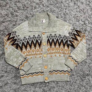 Vintage 70s Acrylic Button Up sweater with Geometric Pattern And Wood Button